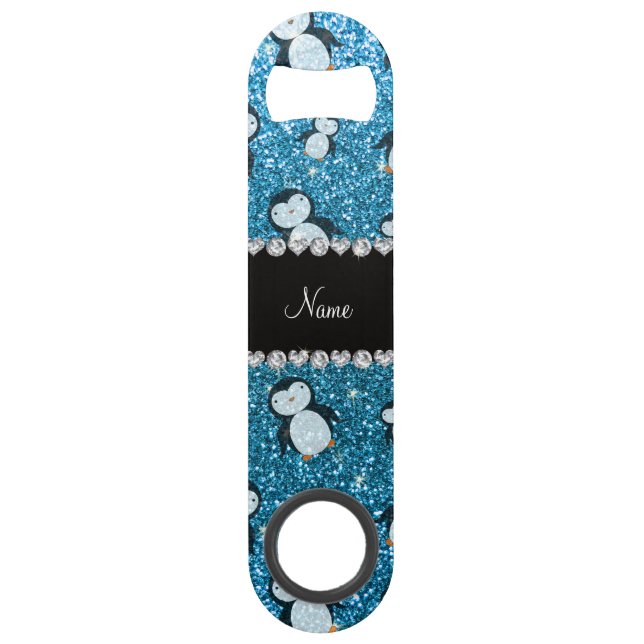 Personalized name sky blue glitter penguins speed bottle opener (Front)