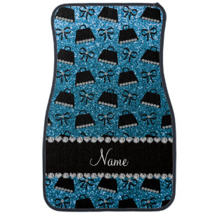 Personalized name sky blue glitter purses bow car floor mat