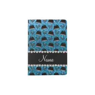 Personalized name sky blue glitter purses bow passport holder