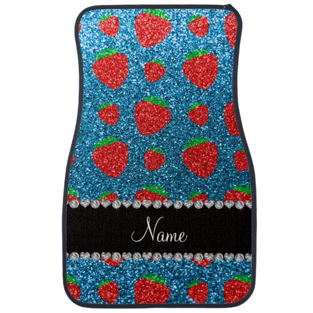 Personalized name sky blue glitter strawberry car mat (Front)