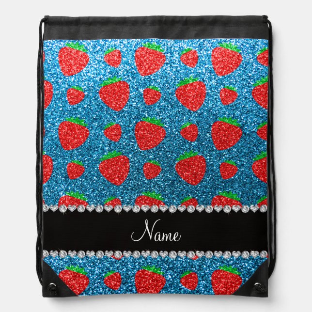 Personalized name sky blue glitter strawberry drawstring bag (Front)
