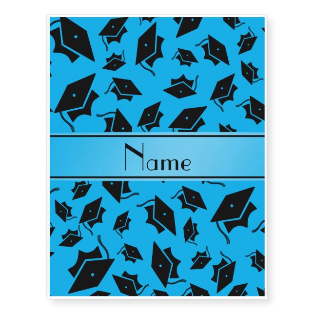 Personalized name sky blue graduation cap temporary tattoos (Front)