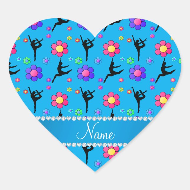 Personalized name sky blue gymnastics flowers heart sticker (Front)