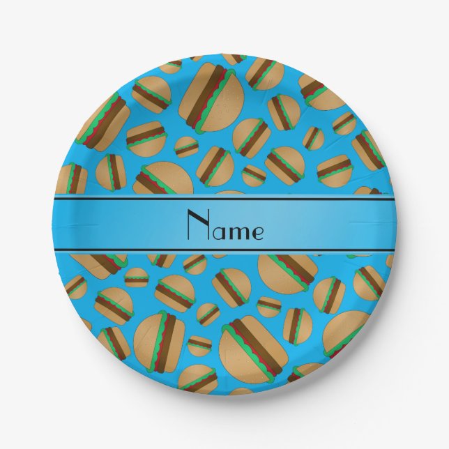 Personalized name sky blue hamburgers paper plates (Front)