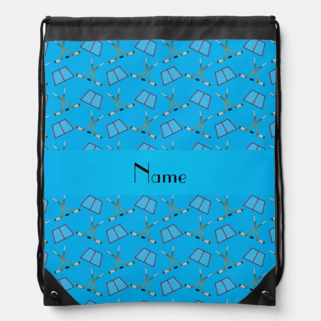 Personalized name sky blue hockey pattern drawstring bag (Front)