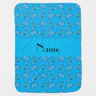 Personalized name sky blue hockey pattern receiving blanket