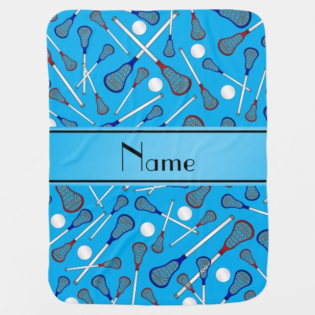 Personalized name sky blue lacrosse pattern stroller blanket (Front)