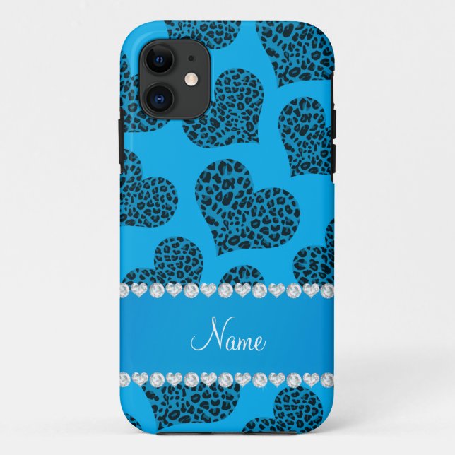 Personalized name sky blue leopard hearts Case-Mate iPhone case (Back)