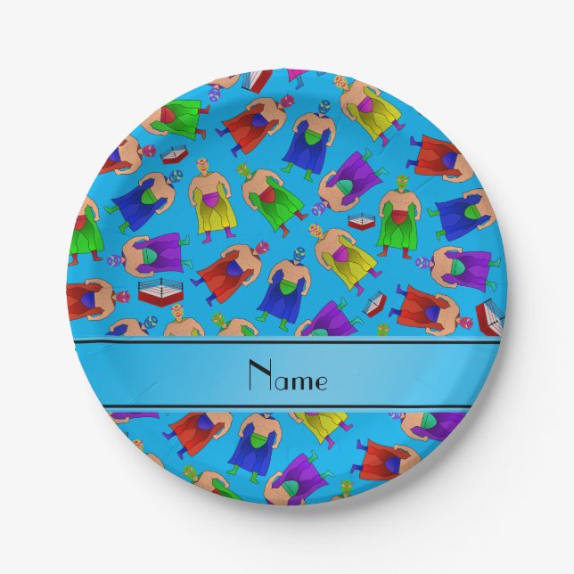 Personalized name sky blue mexican wrestling paper plates (Front)