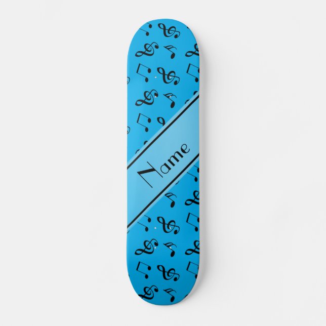 Personalized name sky blue music notes skateboard deck (Front)