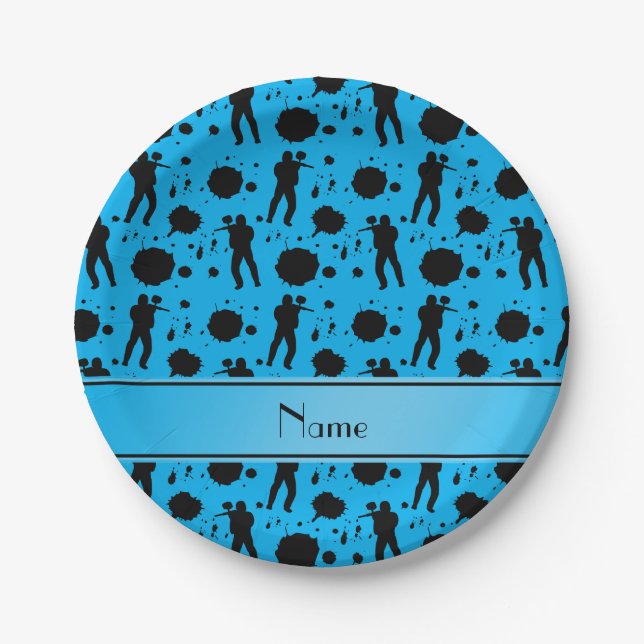 Personalized name sky blue paintball pattern paper plates (Front)