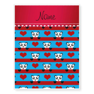 Personalized name sky blue panda red heart stripes temporary tattoos