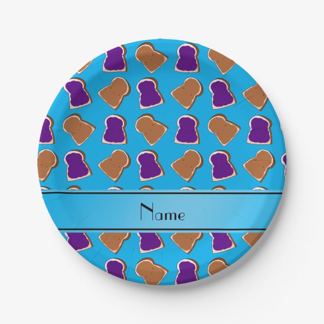 Personalized name sky blue peanut butter jelly paper plates (Front)