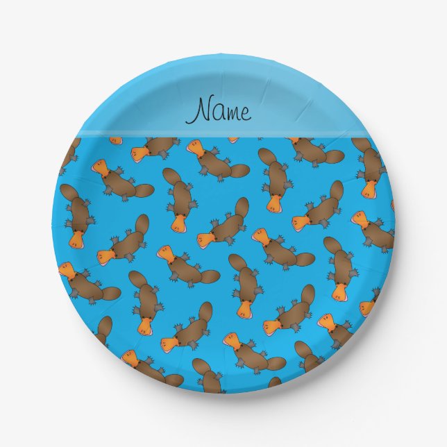 Personalized name sky blue platypus pattern paper plates (Front)