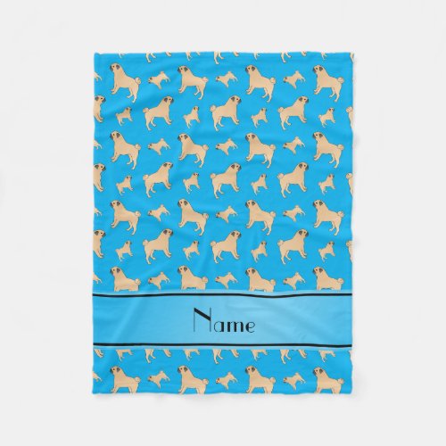 Personalized name sky blue Pug dogs Fleece Blanket