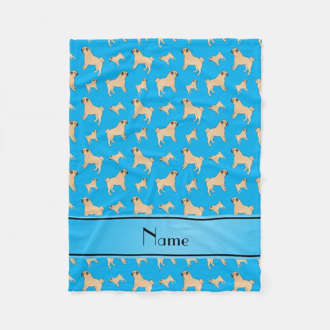 Personalized name sky blue Pug dogs Fleece Blanket (Front)