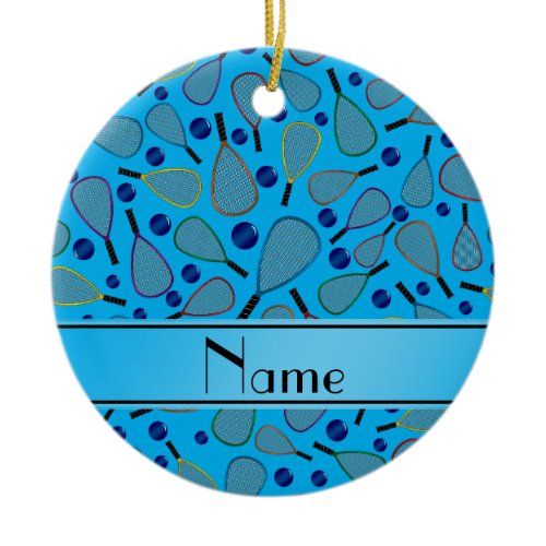 Personalized name sky blue racquetball pattern ceramic ornament