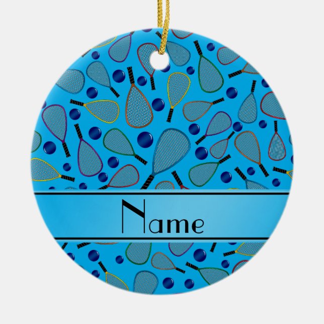 Personalized name sky blue racquetball pattern ceramic ornament (Front)