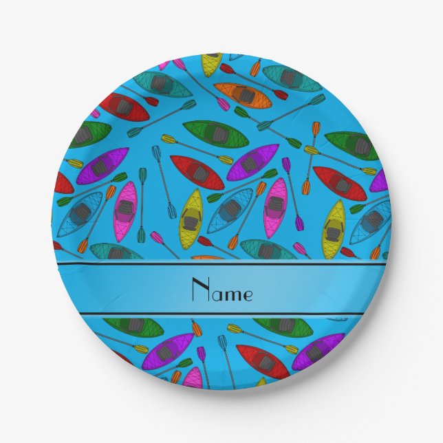 Personalized name sky blue rainbow kayaks paper plates (Front)