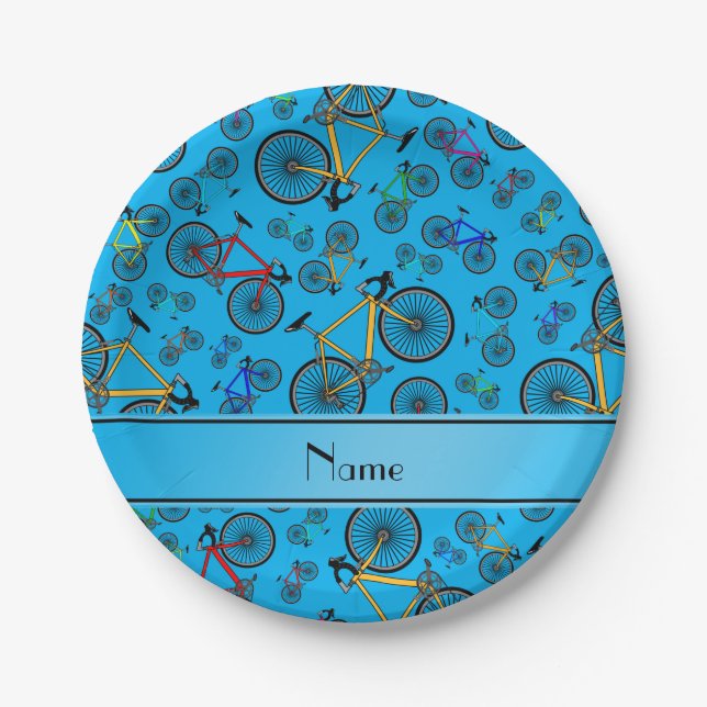 Personalized name sky blue road bikes paper plates (Front)