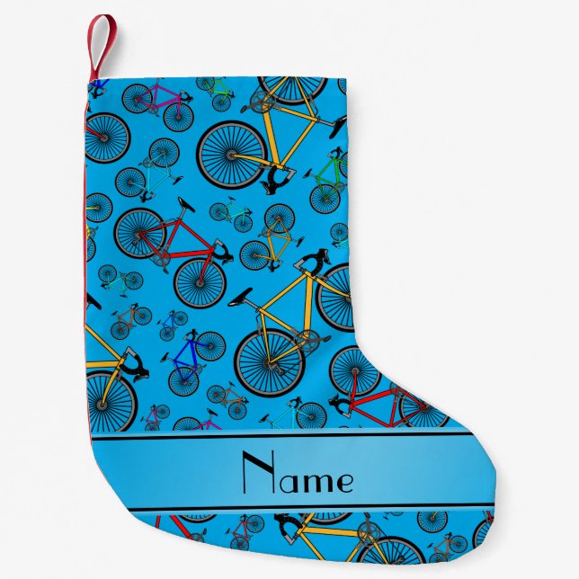 Personalized name sky blue road bikes small christmas stocking (Front)