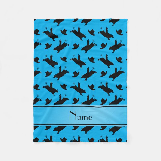 Personalized name sky blue rodeo bull riding fleece blanket (Front)