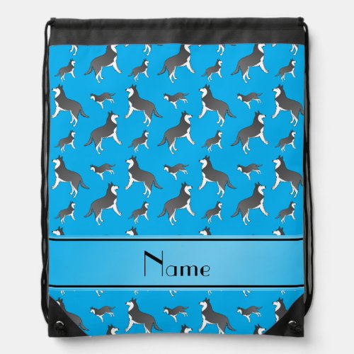 Personalized name sky blue siberian husky dogs drawstring bag