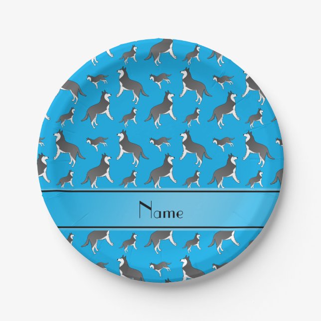 Personalized name sky blue siberian husky dogs paper plates (Front)