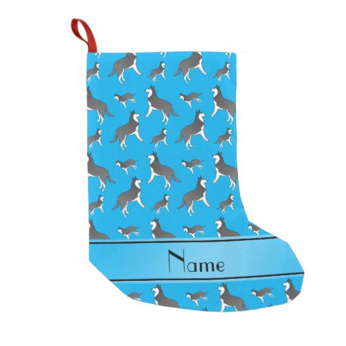 Personalized name sky blue siberian husky dogs small christmas stocking
