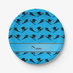 Personalized name sky blue ski pattern paper plates