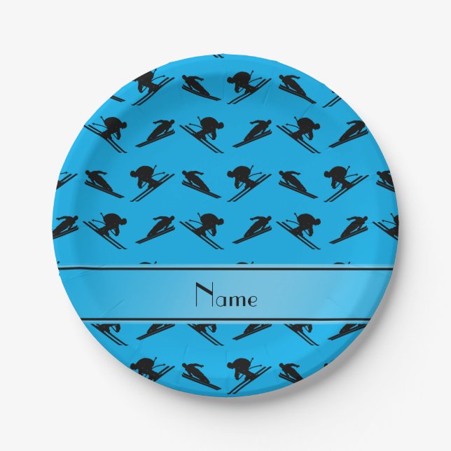 Personalized name sky blue ski pattern paper plates (Front)