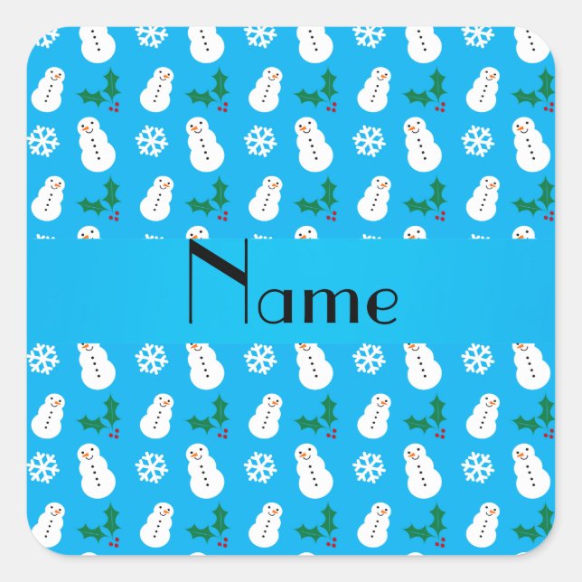 Personalized name sky blue snowman christmas square sticker (Front)