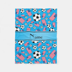 Personalized name sky blue soccer american flag fleece blanket
