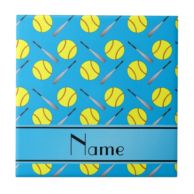 Personalized name sky blue softball pattern tile (Front)