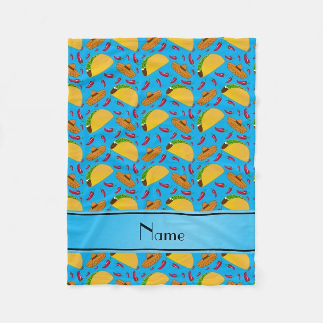 Personalized name sky blue tacos sombreros chilis fleece blanket (Front)