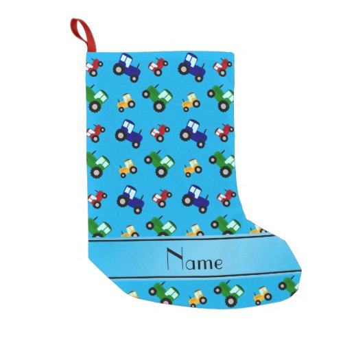 Personalized name sky blue tractors small christmas stocking