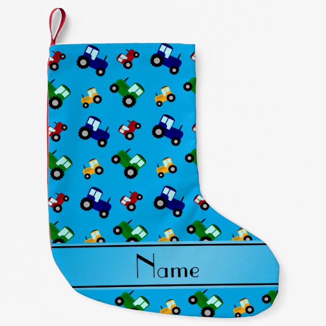 Personalized name sky blue tractors small christmas stocking (Front)