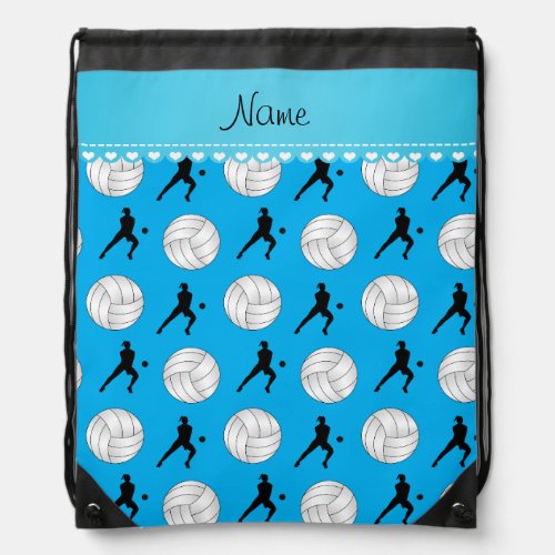 Personalized name sky blue volleyballs silhouettes drawstring bag