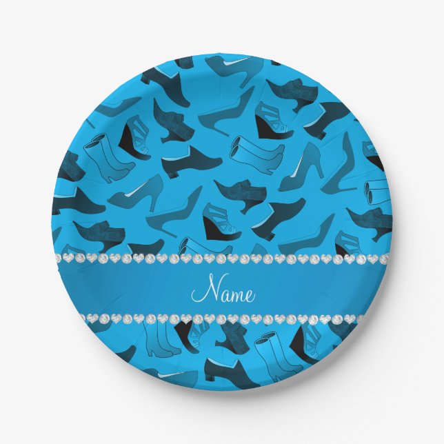 Personalized name sky blue women's shoes pattern paper plates (Front)