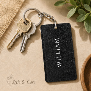 Personalized Name Sleek Black Leather Texture Keychain