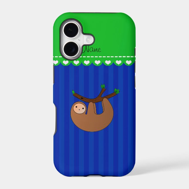 Personalized name sloth blue stripes iphone case (Back)