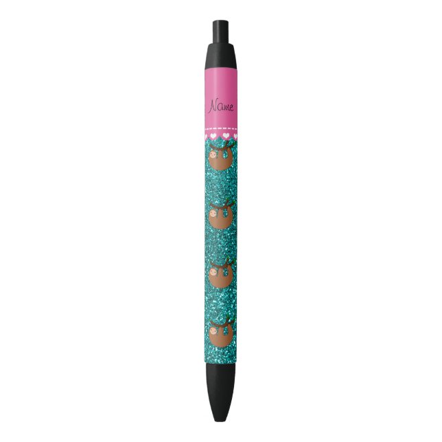 Personalized name sloth bright aqua glitter pen (Front Vertical)