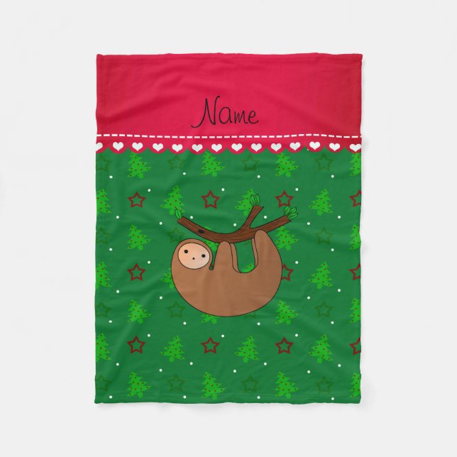 Personalized name sloth green christmas trees fleece blanket (Front)