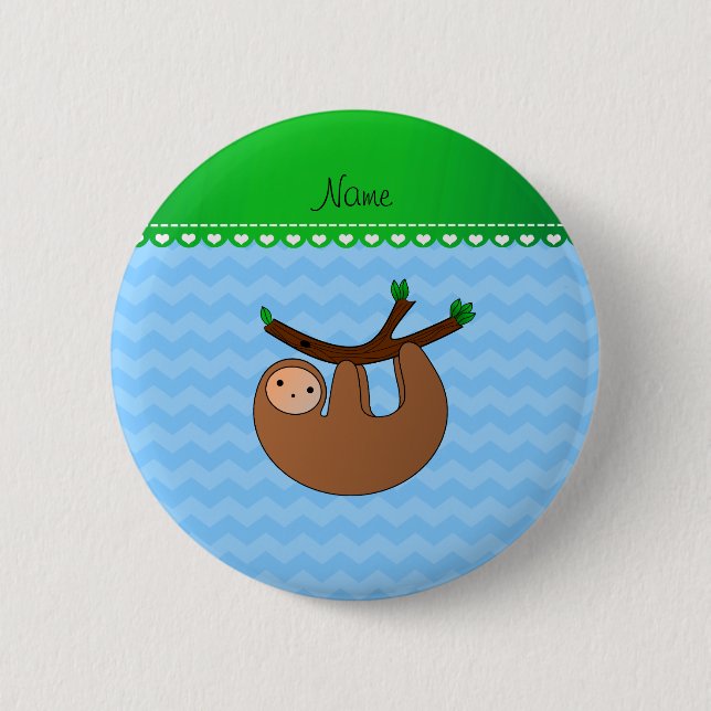 Personalized name sloth pastel blue chevrons button (Front)