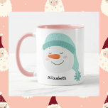 Personalized name smiling face snowman happy cute  mug<br><div class="desc">Personalized name smiling face snowman happy cute mug blue and pink Christmas gift.</div>