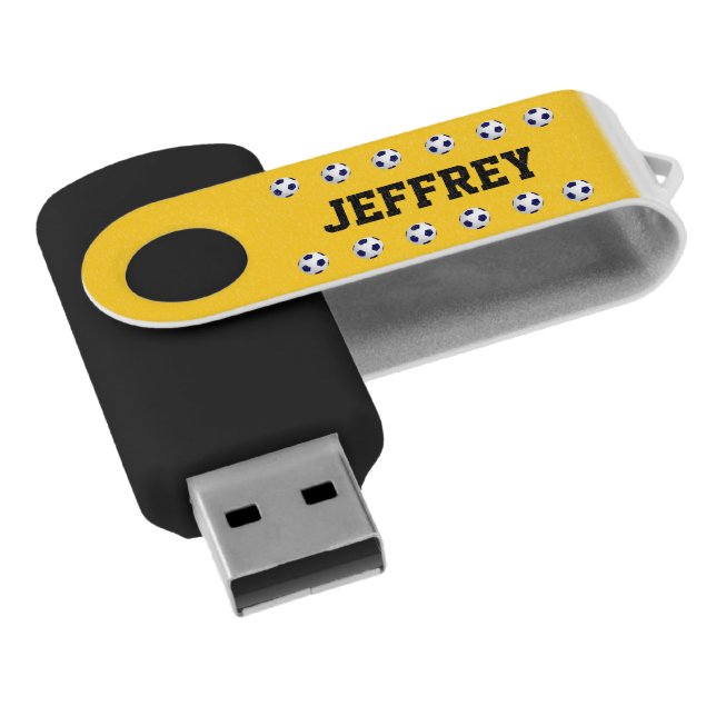 Personalized Name, Soccer Ball, Black Yellow Gold Flash Drive (Angled)