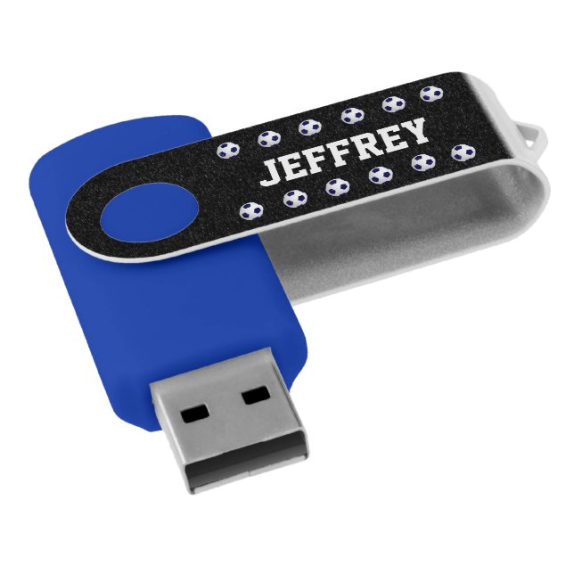 Personalized Name, Soccer Ball Blue and Black USB Flash Drive (Angled)