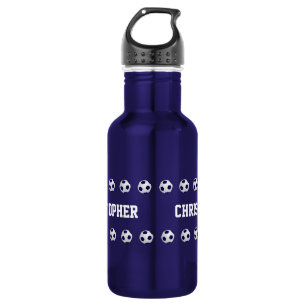 Personalized Name, Soccer Balls, Dark Blue Stainless Steel Water Bottle