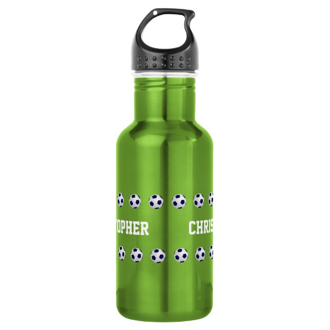 Personalized Name, Soccer Balls, Neon Green Stainless Steel Water Bottle (Front)