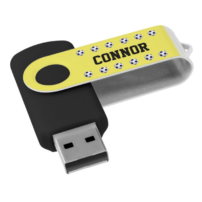 Personalized Name, Soccer Balls, Yellow Black USB Flash Drive (Angled)